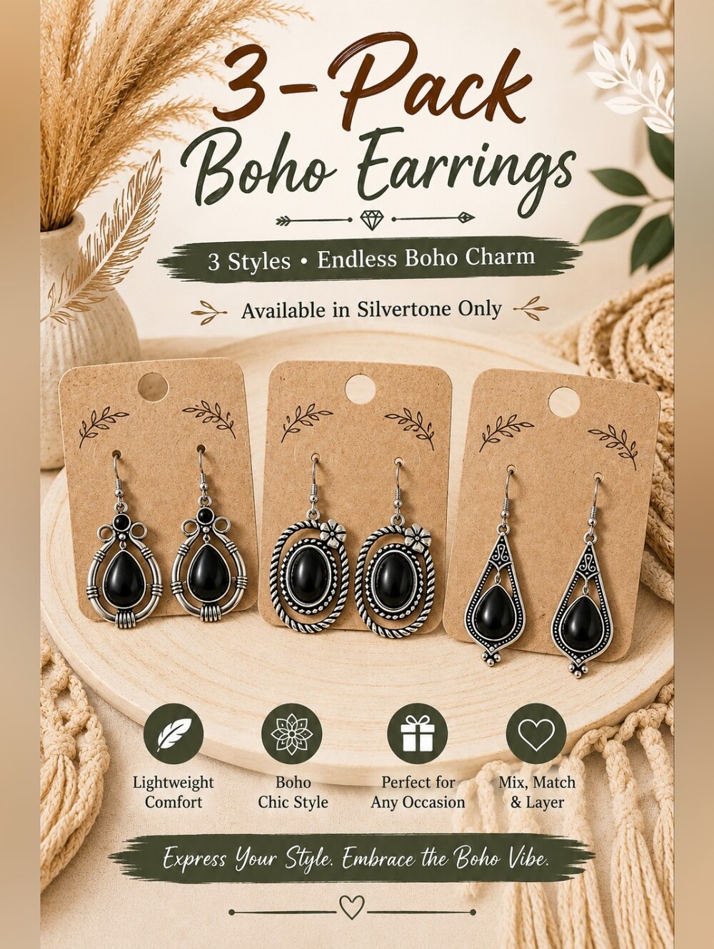 3-Pack Silvertone Boho Earrings with Black Accents